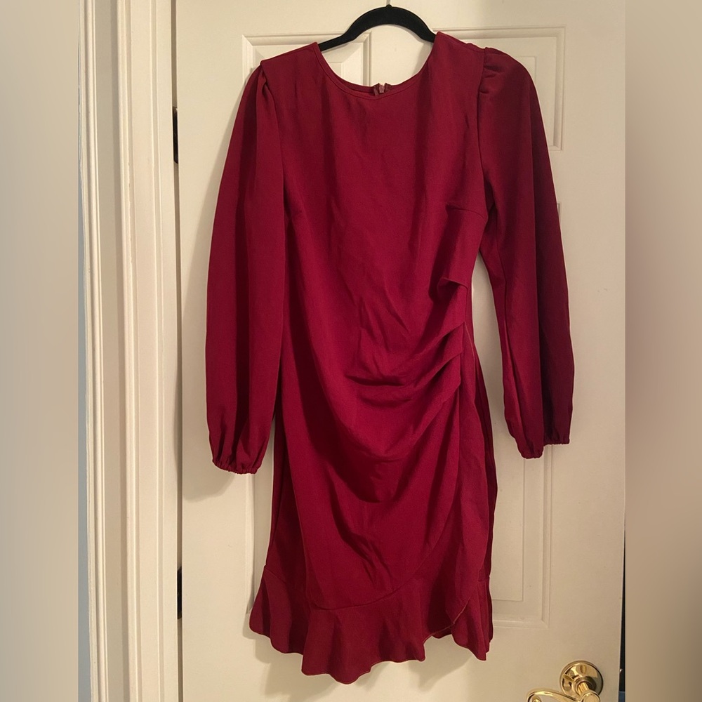 TikTok Burgundy Long Sleeve Plain Ruched Ruffle Trim Zipper Bodycon Dres…
